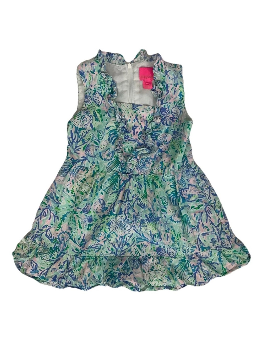 Lilly Pulitzer Girls' Sz 4 100% Cotton Tersa Ruffle Seashell Print Dress Blue